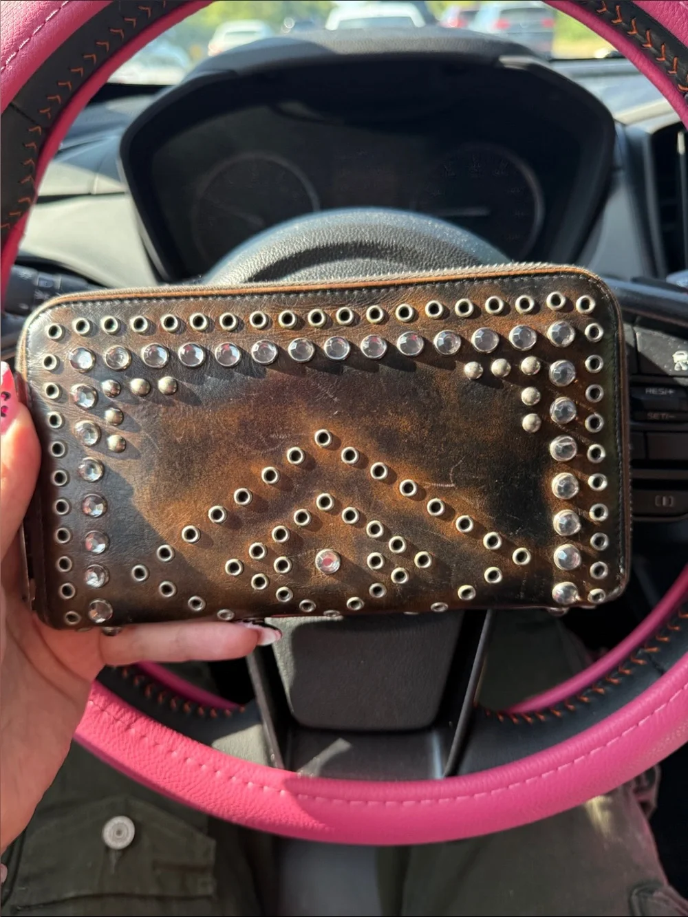 Prada Brown Leather Studded Zip Around Wallet with Silver Hardware